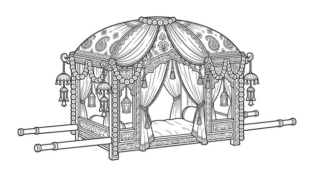 Ornate traditional Indian bridal palanquin with paisley patterns line art