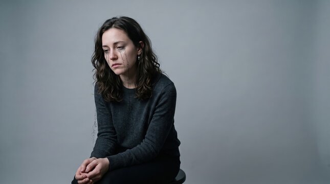 Woman sitting with downcast expression in minimalist studio showing sadness and contemplation