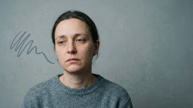 Weary woman with tired expression showing emotional fatigue in minimal indoor setting