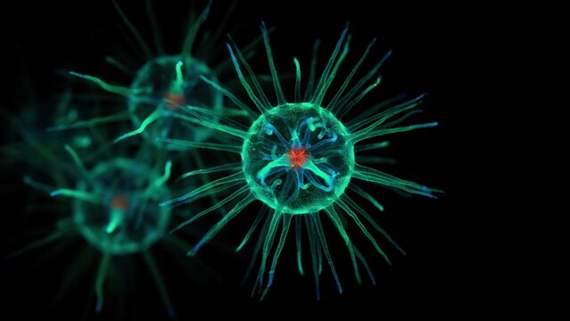Microscopic view of glowing green virus cells. Medical research theme.