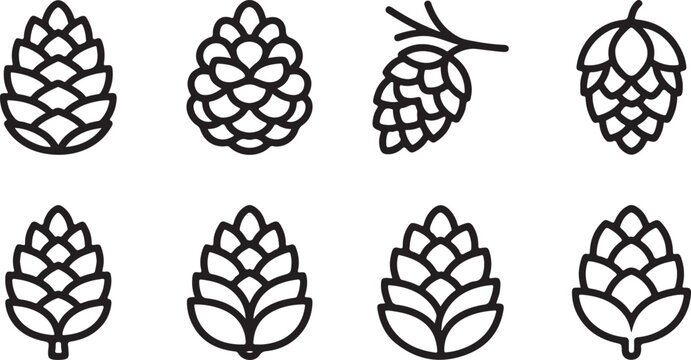 Assorted black and white vector illustrations of pine cones and hop cones Vector