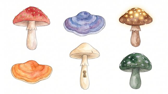Enchanting watercolor mushroom collection, a whimsical fungi illustration set. Hand-painted forest mushrooms, perfect for nature-themed designs and magical botanical art.