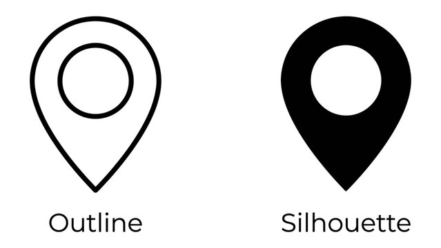 Map Pin Icon: Two distinct map pin icons, one an outline and the other a solid silhouette, represent location marking and navigation on a map.