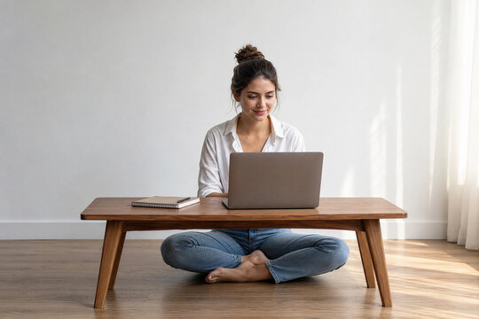 Young Hispanic woman sitting cross-legged on the floor while working on a laptop at a wooden coffee table in a bright minimalist home office