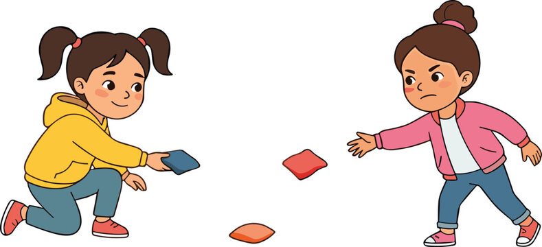 Cute Little Girls Character Set Playing Beanbag Toss Game Outdoors for Children Books, Sports Activities, and Educational Graphic DesignsCute Little Girls Character Set Playing Beanbag Toss Game Outdo