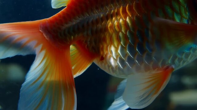 Close underwater view of orange fish with iridescent scales, translucent fins, subtle tail movement, and soft shifting light revealing layered texture and vivid color