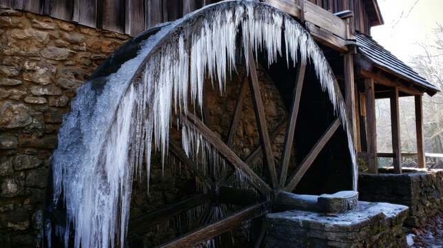 A water wheel stands still at a historic mill during winter. Ice forms along the wheel and the surrounding stone walls. Frost covers the ground and trees nearby