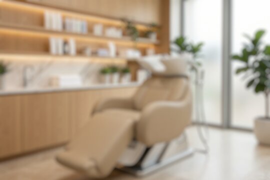 Blur image of a modern salon hair washing station with a comfortable shampoo chair and elegant interior.