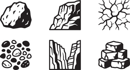 Six types of rocks and geological formations black and white illustration Vector © Alex