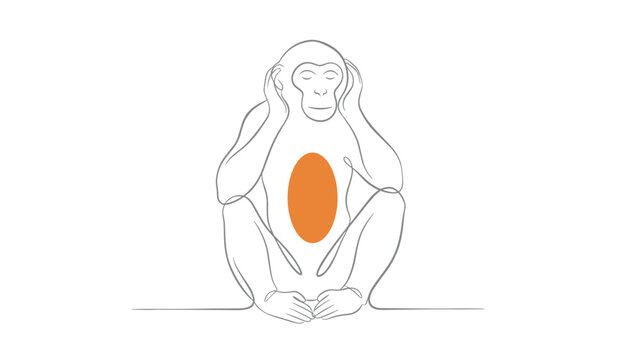 Minimalist continuous line drawing of a wise monkey covering its ears with a prominent orange spot on its belly.