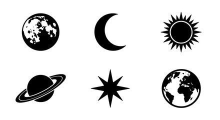 Celestial Icons Set: Moon, Crescent, Sun, Saturn, Star, Earth, Cosmic Symbols, Space Graphics, Astronomy Vector Elements © sakil