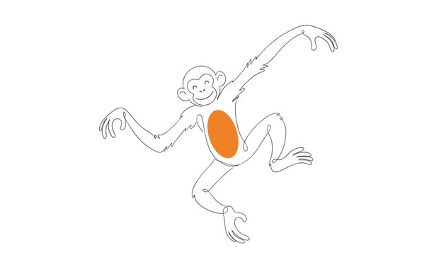 Minimalist continuous line drawing of a playful dancing monkey with a bright orange spot on its belly on a white backdrop.