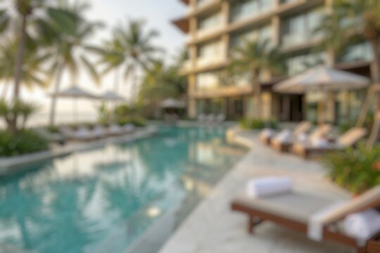Blur image of a luxury apartment complex featuring an outdoor swimming pool and contemporary architecture.