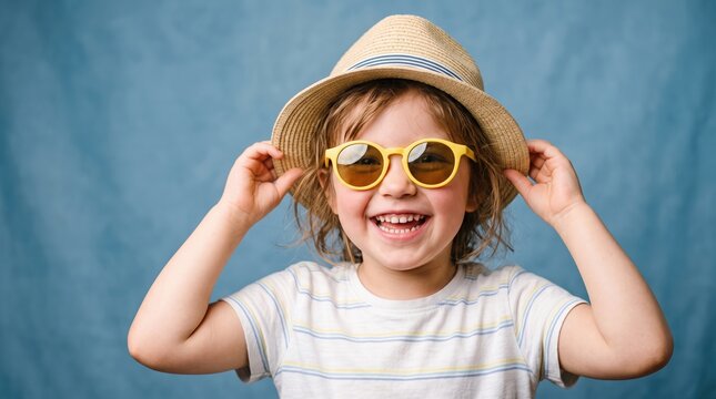 Child in sunglasses and straw hat