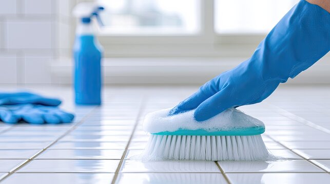 Blue gloved hand scrubs tiled floor with soapy brush, cleaning supplies nearby