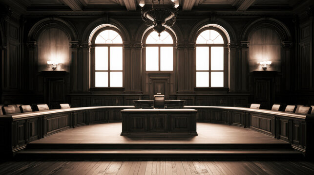 The scene shows a courtroom with wooden walls and furniture. A central judge's bench is present, with large windows letting in light. The space feels formal and structured