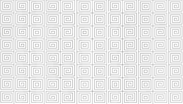 Square spiral seamless pattern in black and white colors featuring geometric lines and abstract maze ornaments.