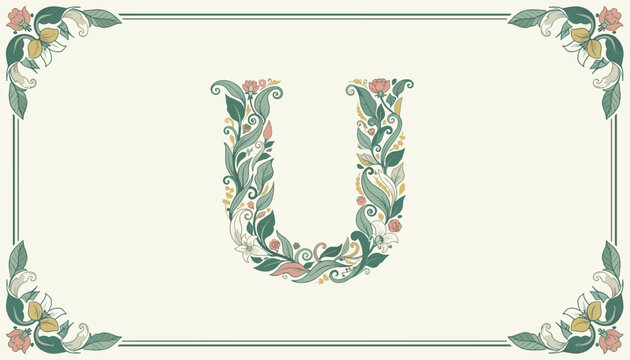 Beautiful floral alphabet letter u vector illustration with elegant botanical ornaments and double border.