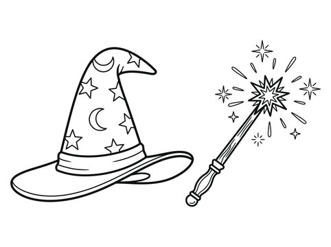 Wizard hat with stars and moon next to sparkling magic wand