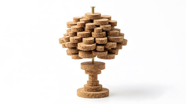 Decorative tree sculpture made from stacked natural cork discs with a central metal support rod