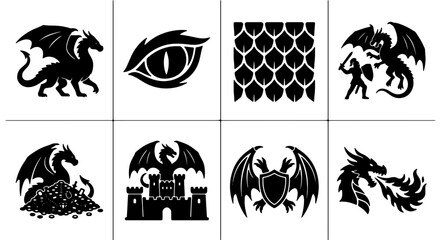 Fantasy Dragon Icon Set, Mythical Creature Vector Graphics, Medieval Legend Symbols, Black Silhouette Illustrations for Gaming and Storytelling © rafsan