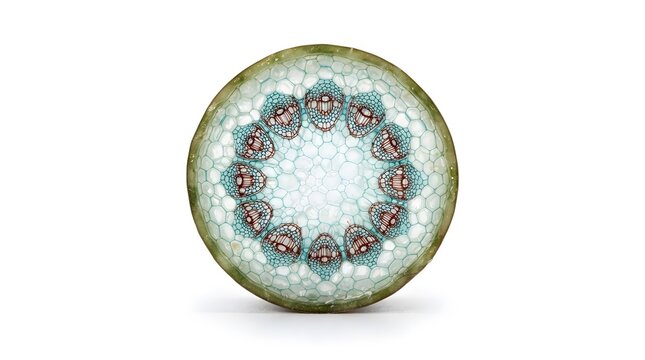 Detailed microscopic view of plant stem cross section featuring vascular bundles and cell anatomy