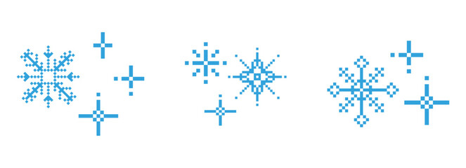 Obraz premium Pixel winter snowflake set, seasonal blue crystal decorative elements in pixel art. Holiday simple flakes 90's aesthetics. Retro pixilated 8 bit game