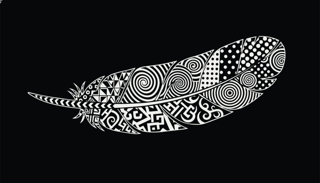 Decorative feather illustration featuring intricate zentangle patterns and tribal geometric designs on a black background.