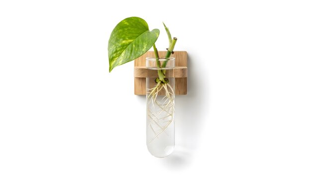 Epipremnum aureum cutting with roots in a glass test tube holder mounted on a square wood block