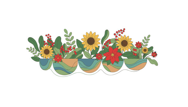 Beautiful floral border with colorful planters filled with sunflowers, bright poinsettias, and lush green leaves.