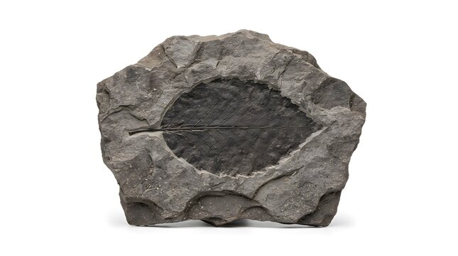 Grey sedimentary rock specimen featuring a detailed imprint of an ancient fossilized leaf shape