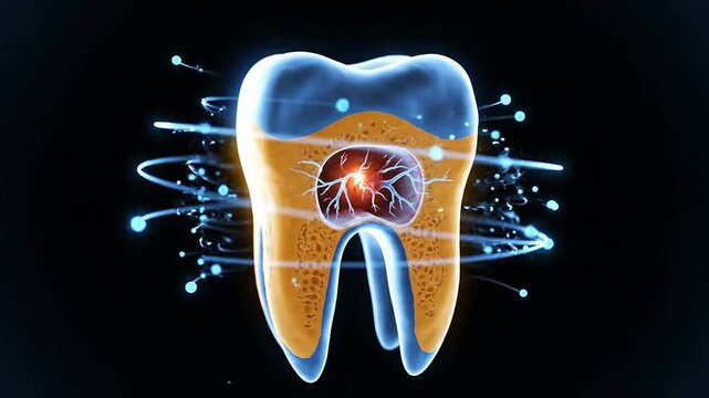 Cross-Section Of A Healthy Tooth Floating In Dark Clinical Space With Animated Glowing Effects Visualizing Dental Health