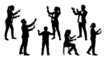 Obraz premium Diverse Business People Silhouettes, Gesturing and Pointing, Professional Teamwork and Communication Concepts, Vector Set