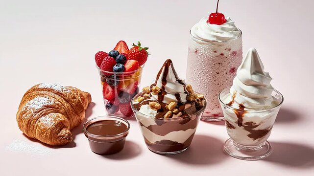 Delightful Top-Down Layout Of Sweet Desserts And Drinks Featuring Croissant, Sundae, Berry Parfait, And Milkshake On Pale Pink-Whi Background