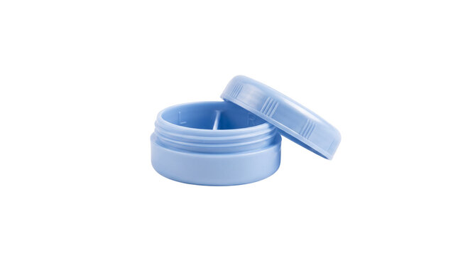 Light blue plastic pill box with open lid, round medicine organizer with compartments, portable daily medication storage container isolated PNG with Transparent Background