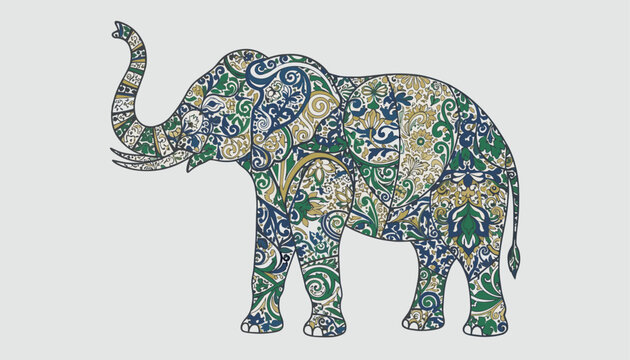Elegant walking elephant silhouette filled with intricate green, blue and gold traditional ornamental patterns.