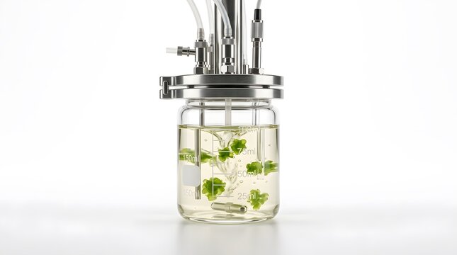 Laboratory glass bioreactor vessel with green algae culture and stainless steel components