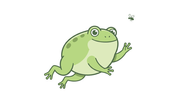 Cheerful green cartoon frog leaping high in the air to catch a small flying insect on a clean white background.
