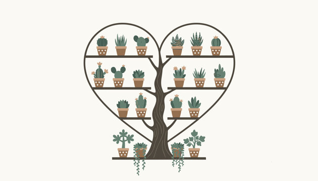Creative heart shaped tree shelf filled with various small potted cacti and succulent plants on warm white background.