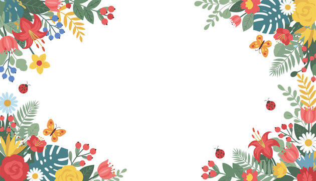 Elegant tropical floral frame featuring lush green leaves, colorful blossoms, butterflies, and ladybugs on a white background.