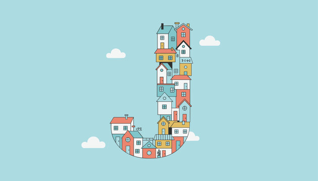 Colorful letter J illustration composed of cute stacked tiny houses under a light blue sky with fluffy white clouds.