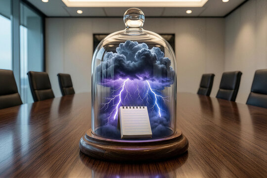 Metaphorical storm cloud with lightning and a notepad contained inside a glass bell jar on a professional boardroom table representing office stress or a creative brainstorming session