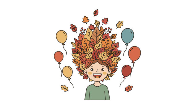 Cheerful young cartoon child with hair made of colorful autumn leaves surrounded by floating party balloons.