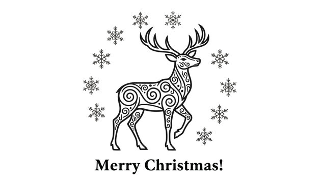 Beautiful celtic style ornamental deer with large antlers surrounded by snowflakes and merry christmas text.