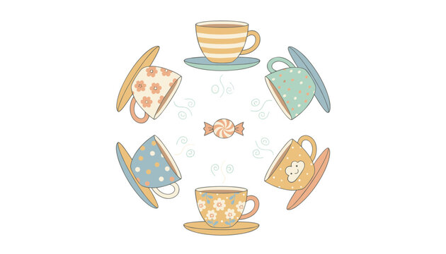 Beautiful circular arrangement of six colorful vintage teacups with saucers and a sweet candy in the center.