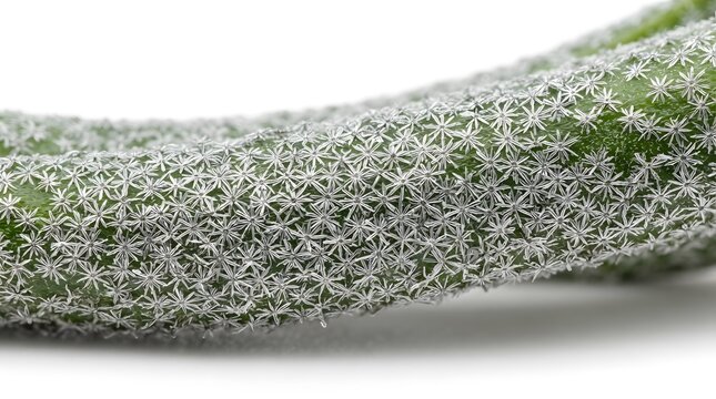 Macro view of plant stem covered in dense white star-shaped trichomes on green surface texture