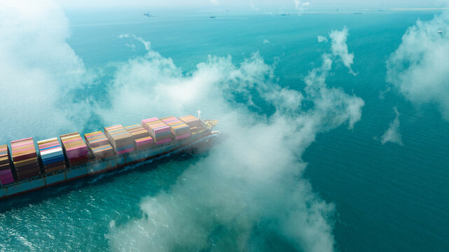 Aerial view of the freight shipping transport system cargo ship container. international transportation Export-import business, logistics, transportation industry concepts	