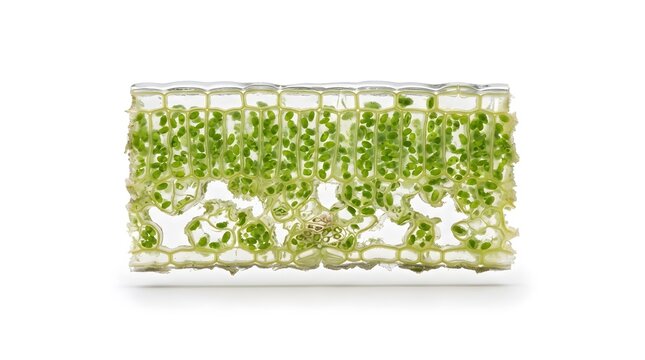 Microscopic cross section of a green leaf showing cellular structure and chloroplasts in detail