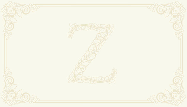 Beautiful calligraphic capital letter z with elegant leaf and vine decorations in a classic ornamental frame.