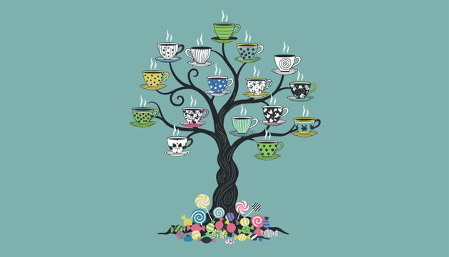 Beautiful and whimsical cartoon tree with colorful vintage teacups hanging from branches and candies on teal.